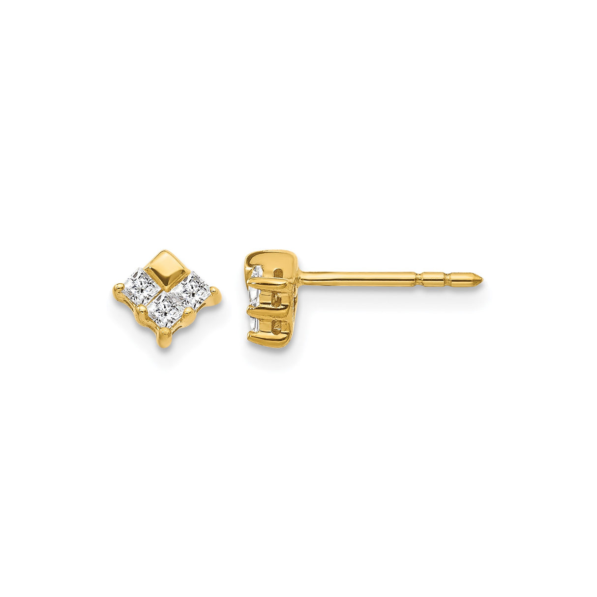 14k Yellow Gold Stud Earrings with Princess Cut Diamond Cluster in Square Setting