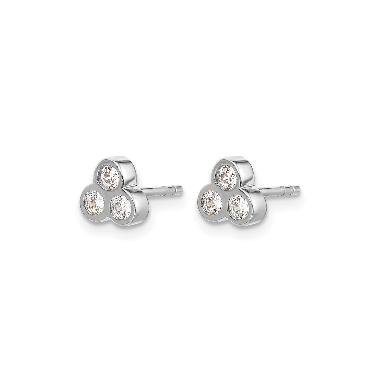 14k White Gold Stud Earrings with Three Round Diamonds in Triangular Bezel Setting