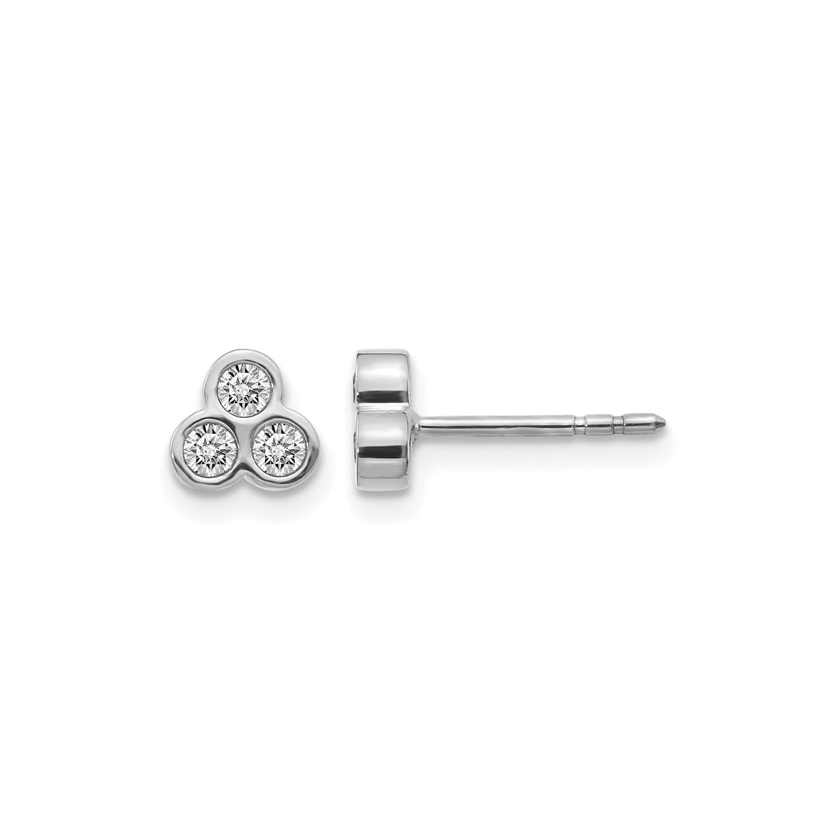 14k White Gold Stud Earrings with Three Round Diamonds in Triangular Bezel Setting