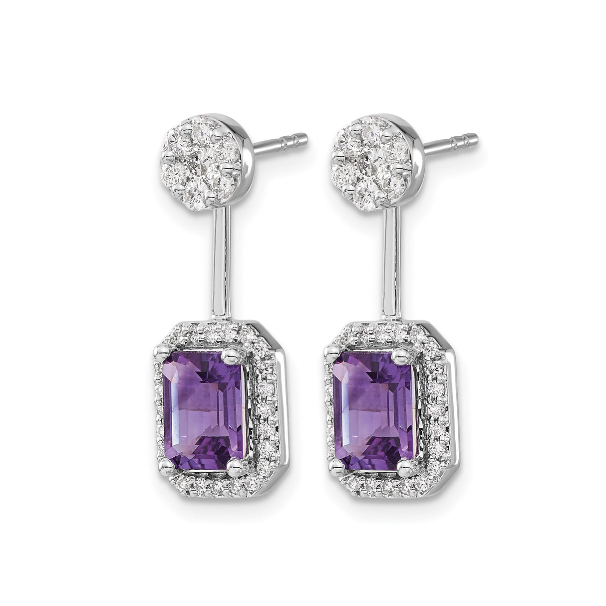 14k White Gold Dangle Earrings with Amethyst and Diamond Halo Setting