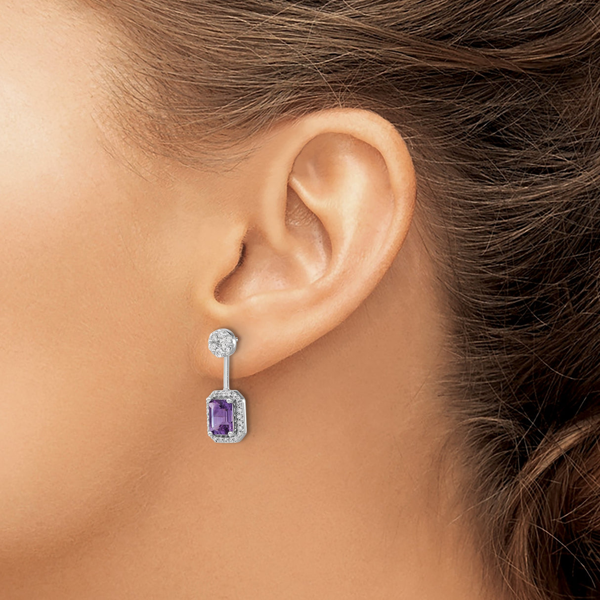 14k White Gold Dangle Earrings with Amethyst and Diamond Halo Setting