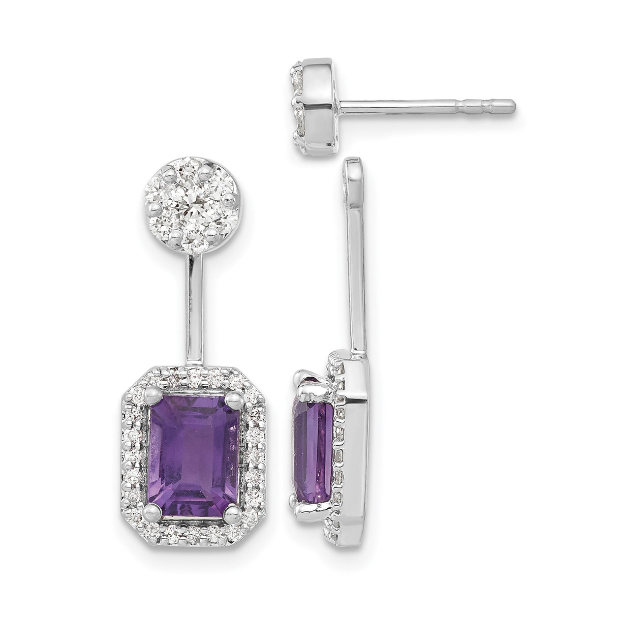 14k White Gold Dangle Earrings with Amethyst and Diamond Halo Setting