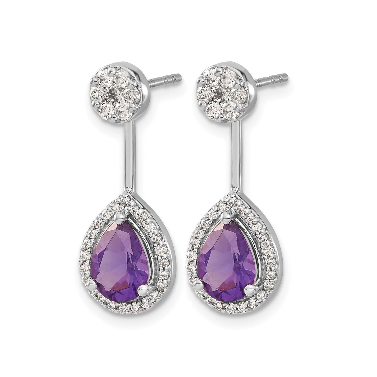 14k White Gold Drop Earrings with Pear Shaped Amethyst and Diamond Halo Floral Studs