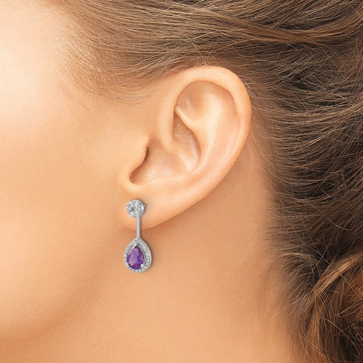 14k White Gold Drop Earrings with Pear Shaped Amethyst and Diamond Halo Floral Studs