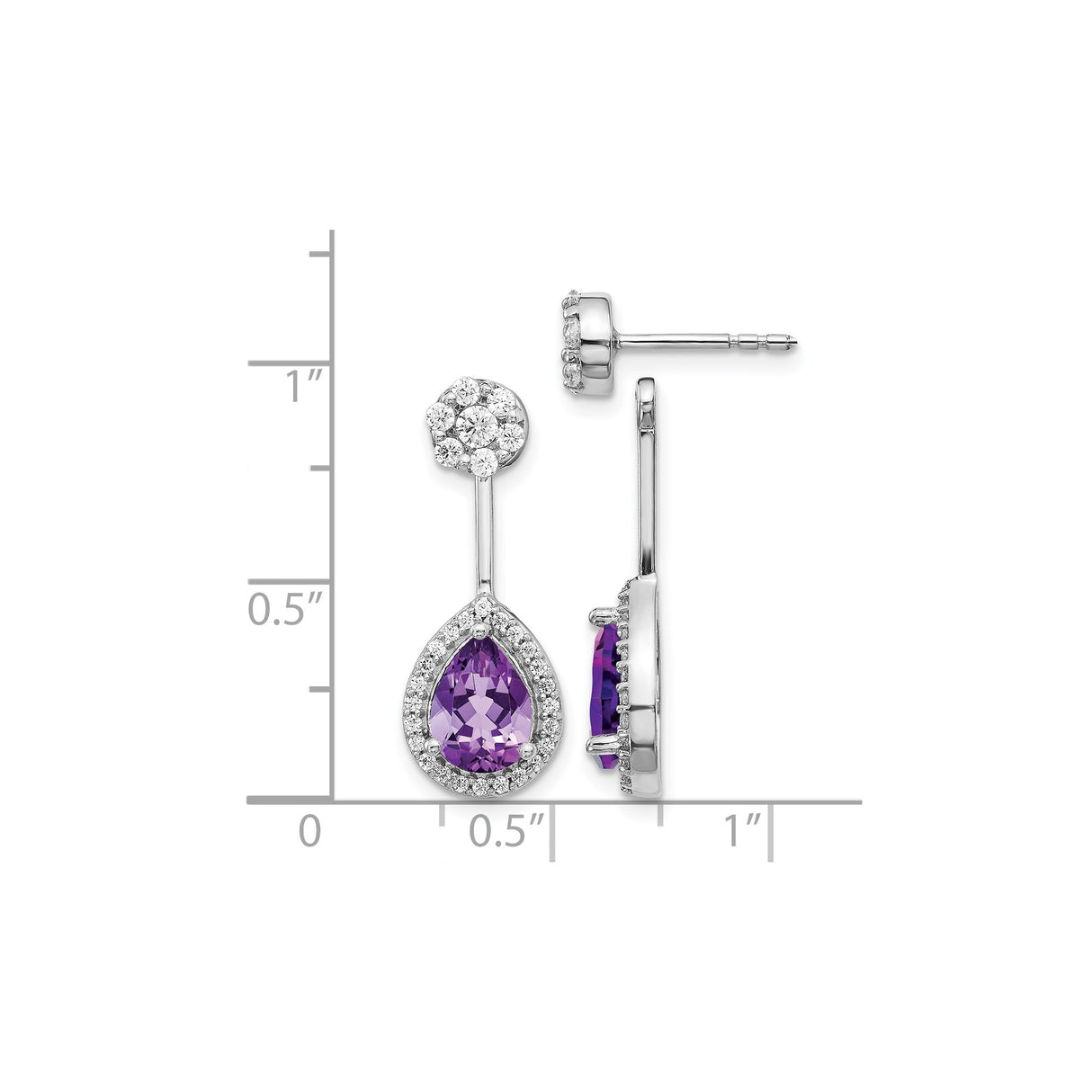14k White Gold Drop Earrings with Pear Shaped Amethyst and Diamond Halo Floral Studs