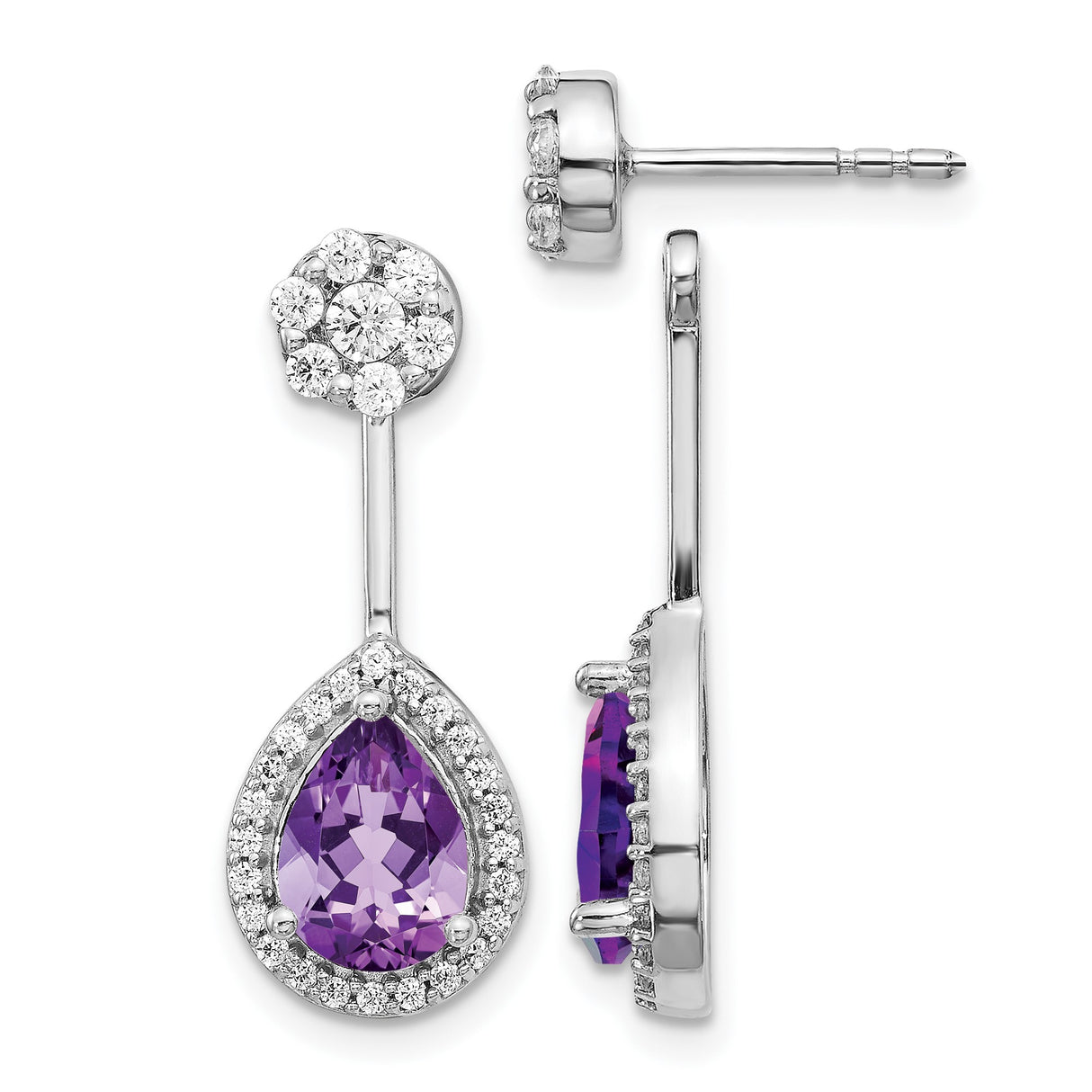14k White Gold Drop Earrings with Pear Shaped Amethyst and Diamond Halo Floral Studs