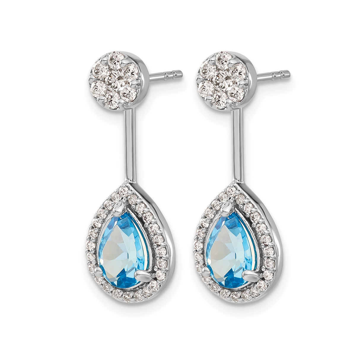 14k White Gold Dangle Earrings with Pear Shaped Swiss Blue Topaz and Diamond Halo Drops