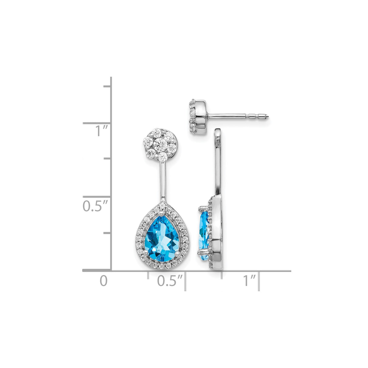14k White Gold Dangle Earrings with Pear Shaped Swiss Blue Topaz and Diamond Halo Drops