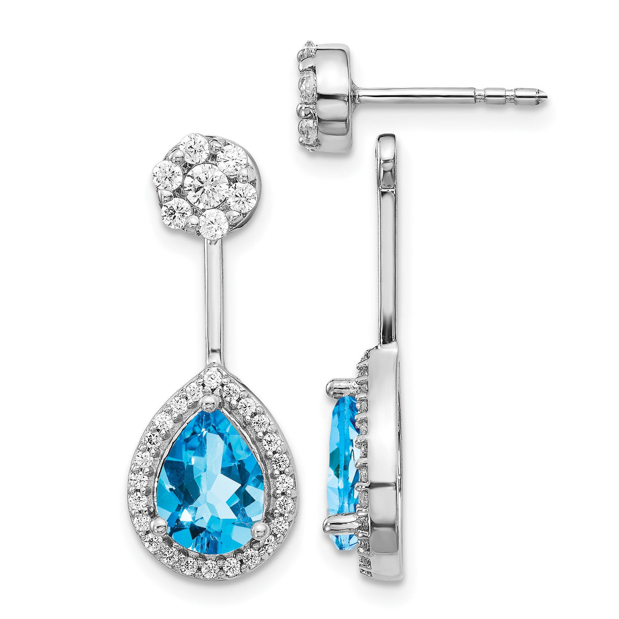 14k White Gold Dangle Earrings with Pear Shaped Swiss Blue Topaz and Diamond Halo Drops