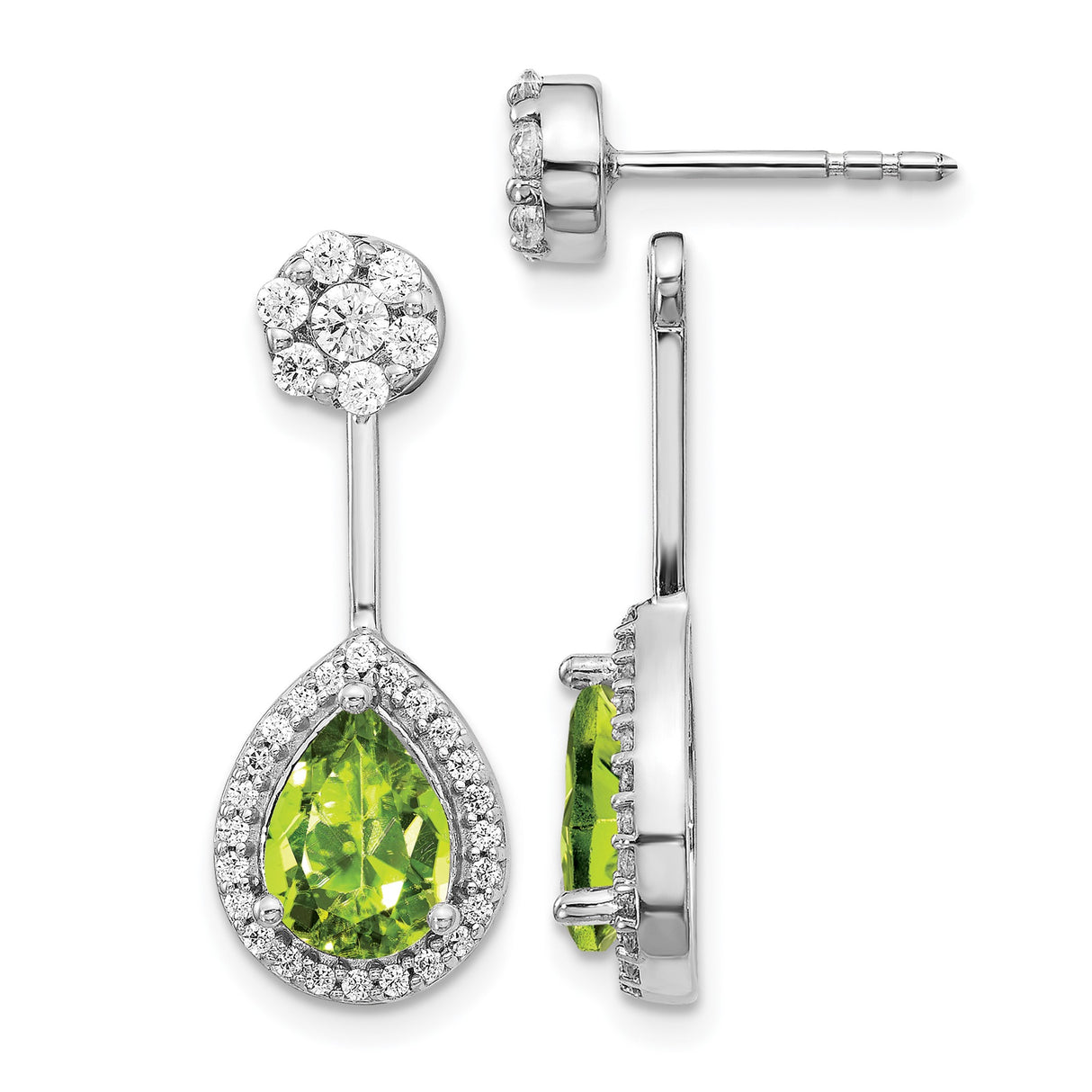 14k White Gold Dangle Earrings with Pear Shaped Peridot and Diamond Accents