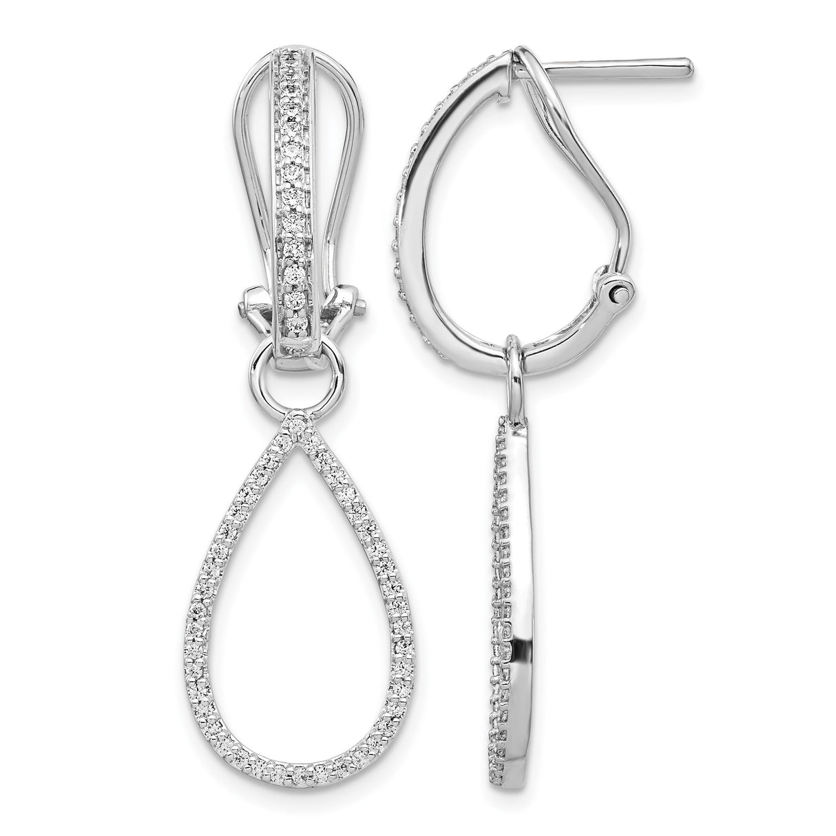 14k White Gold Teardrop Dangle Earrings with Pave Cubic Zirconia and Omega Back Closure