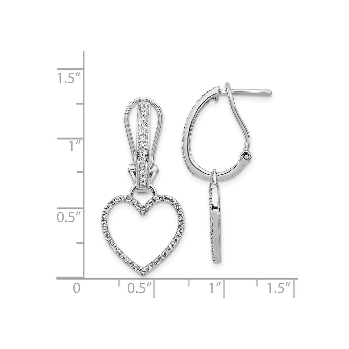 14k White Gold Heart Dangle Hoop Earrings with Diamonds and Omega Back Closure