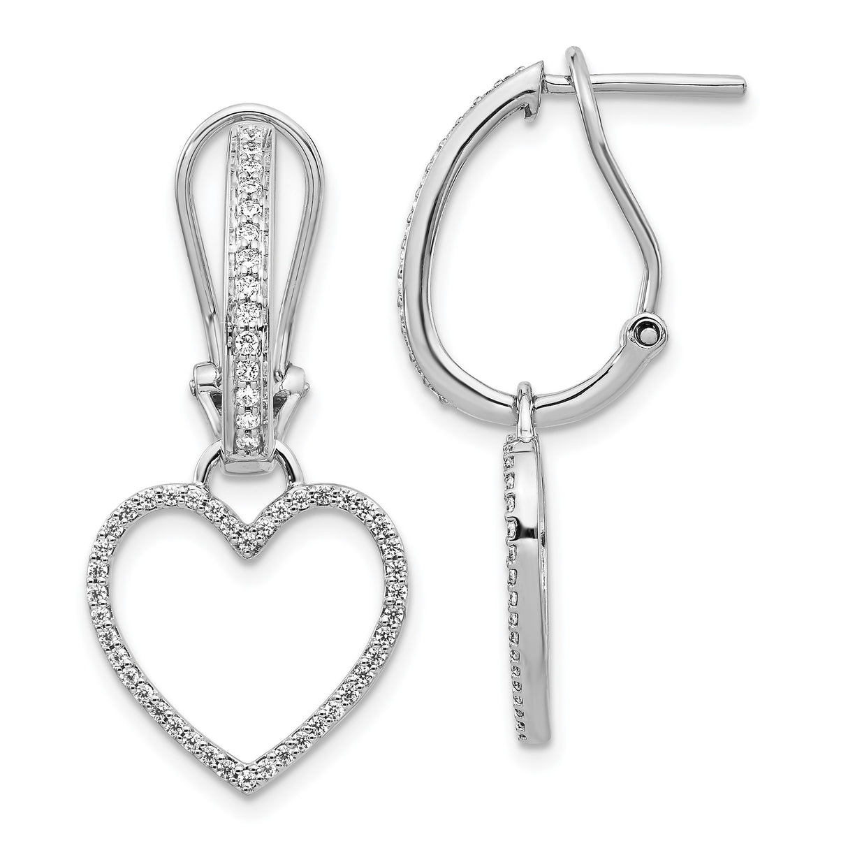 14k White Gold Heart Dangle Hoop Earrings with Cubic Zirconia and Omega Back Closure