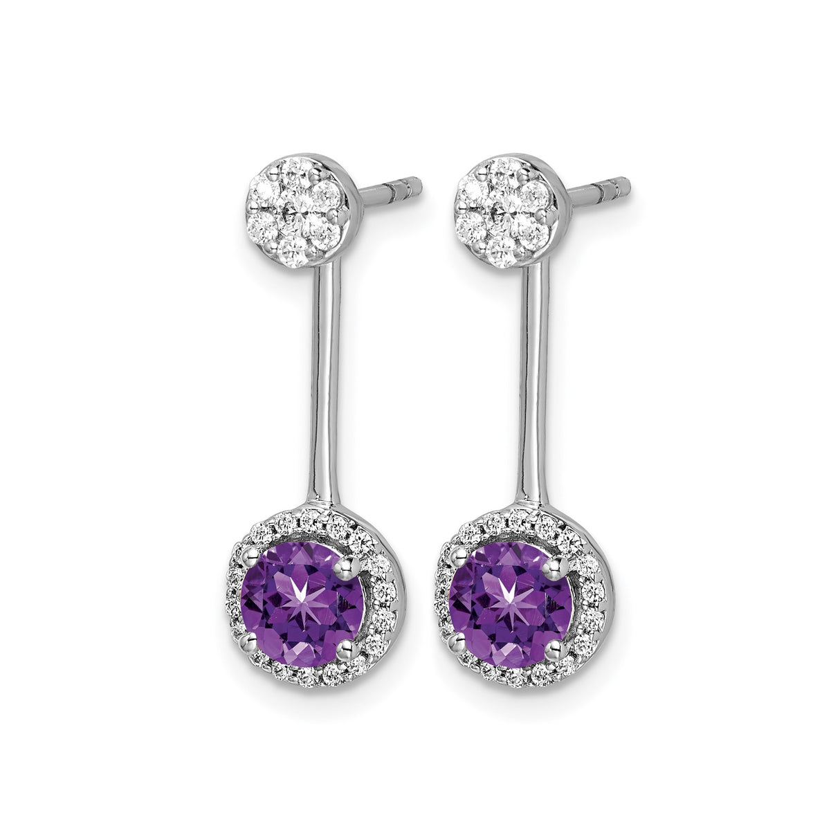 14k White Gold Drop Earrings with Amethyst and Diamond Accents, Modern Dangle Jewelry for Women