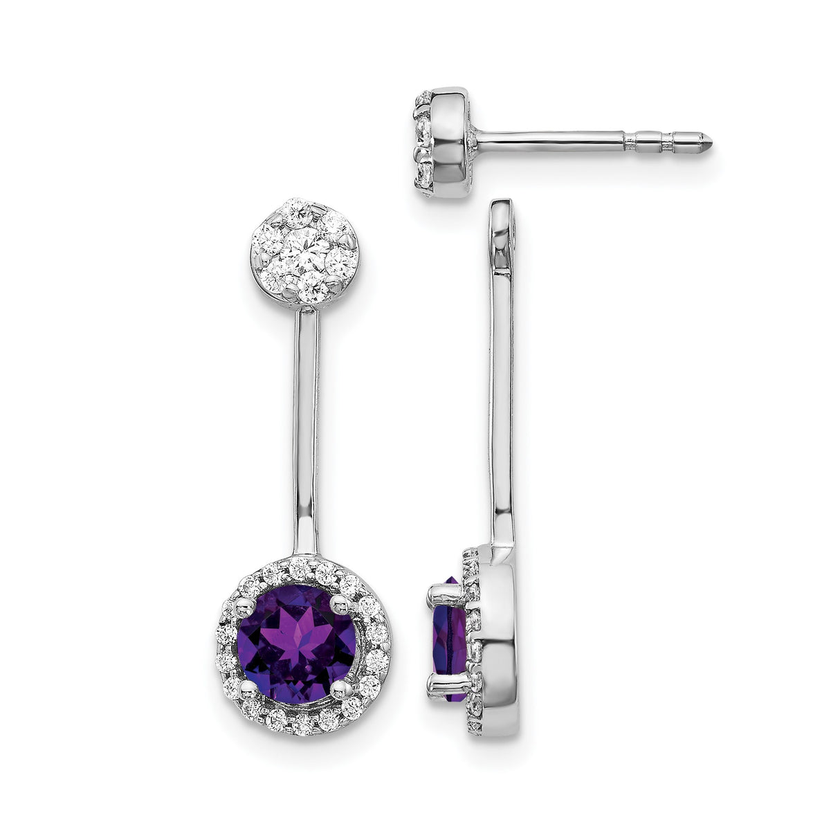 14k White Gold Drop Earrings with Amethyst and Diamond Accents, Modern Dangle Jewelry for Women