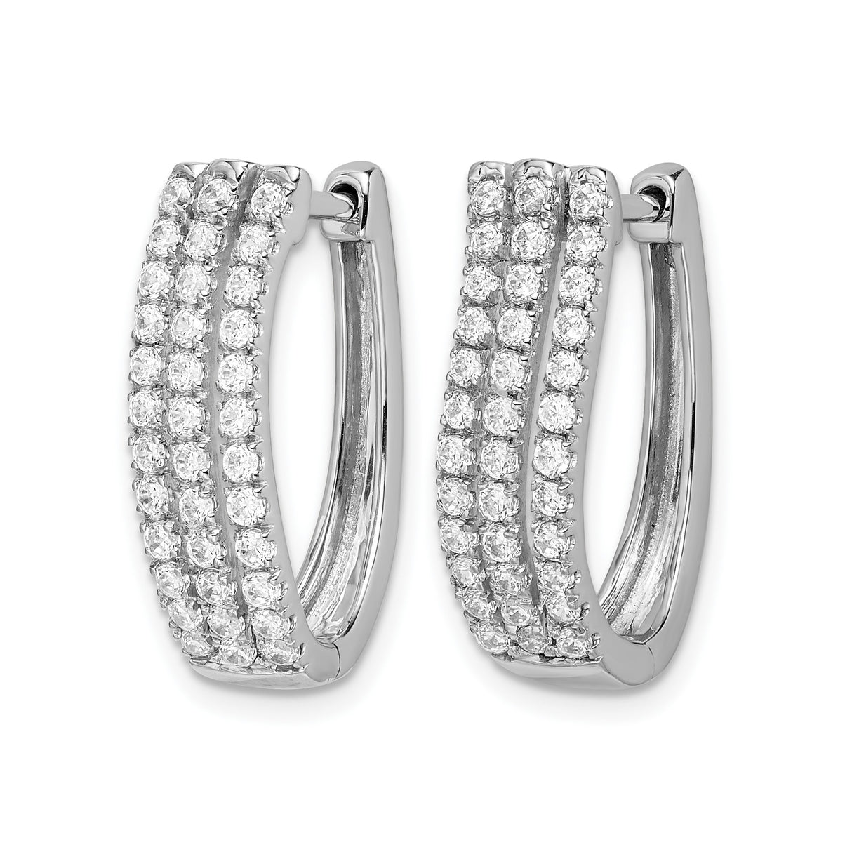 14k White Gold Hoop Earrings with Triple Row Pavé Set Round Diamonds, Huggie Style