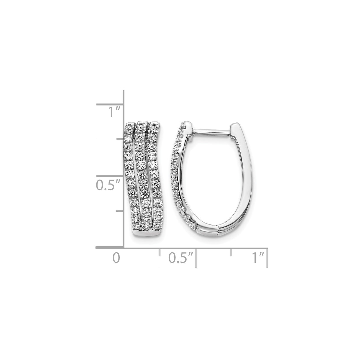 14k White Gold Hoop Earrings with Triple Row Pavé Set Round Diamonds, Huggie Style