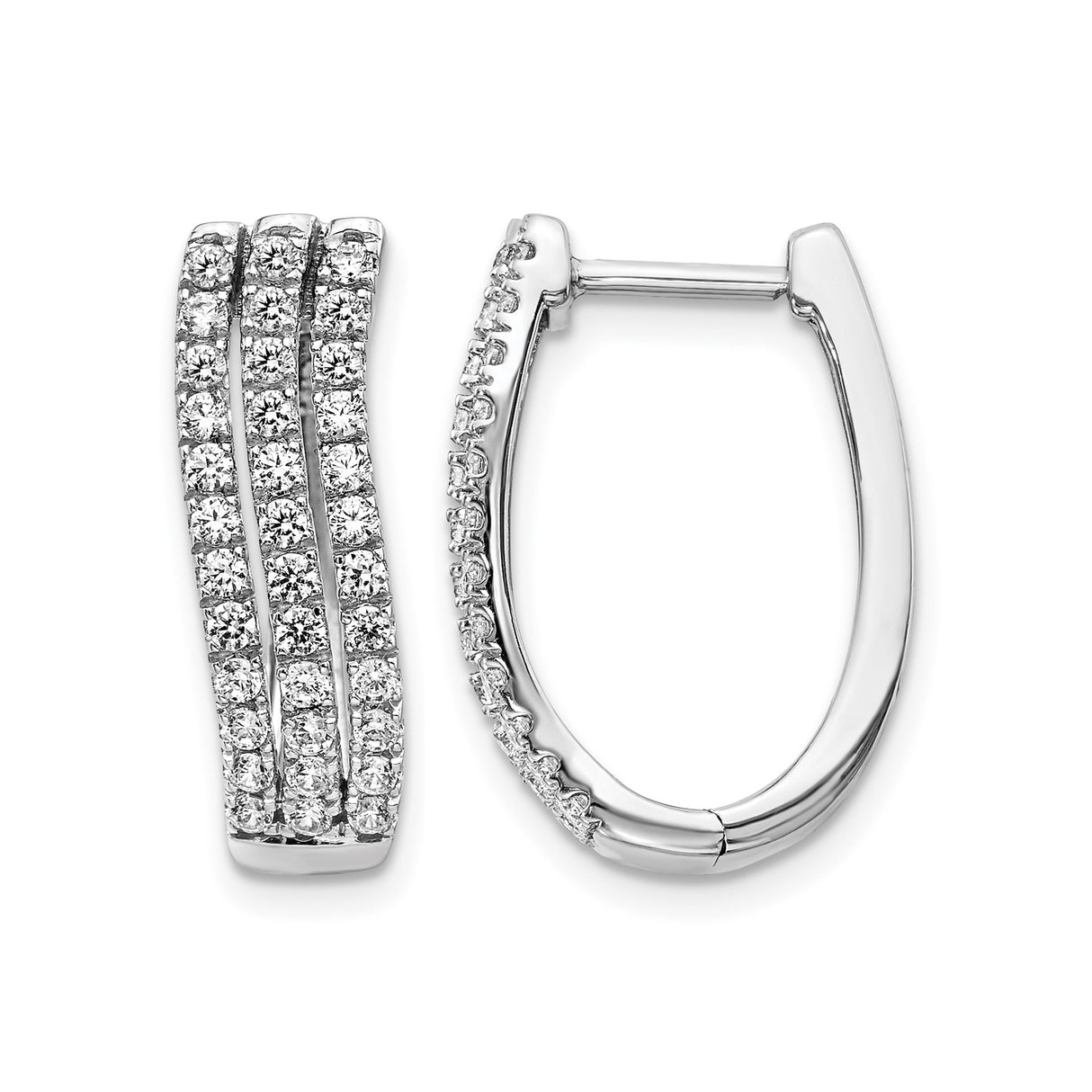 14k White Gold Hoop Earrings with Triple Row Pavé Set Round Diamonds, Huggie Style