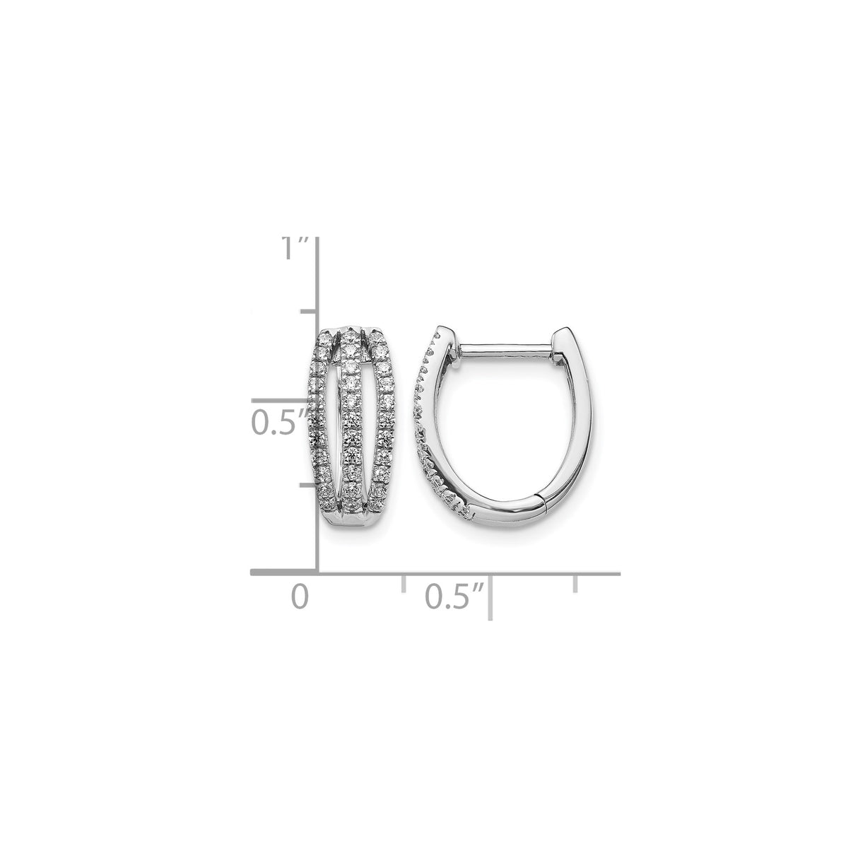 14k White Gold Hoop Earrings with Three Rows of Round Diamonds and Split Design