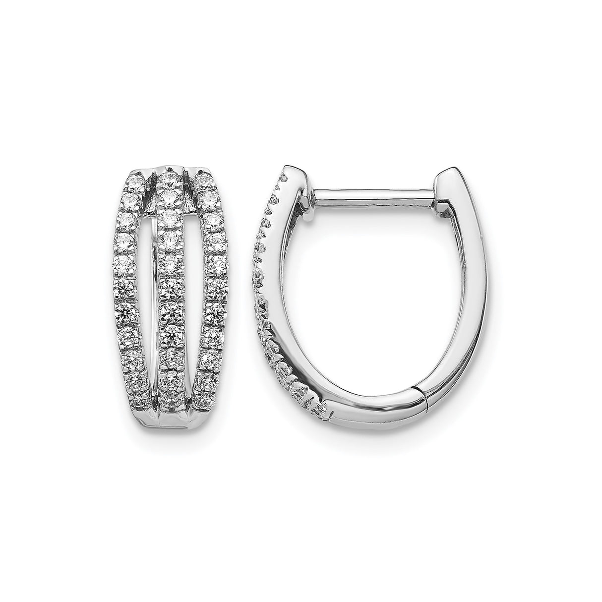 14k White Gold Hoop Earrings with Three Rows of Round Diamonds and Split Design