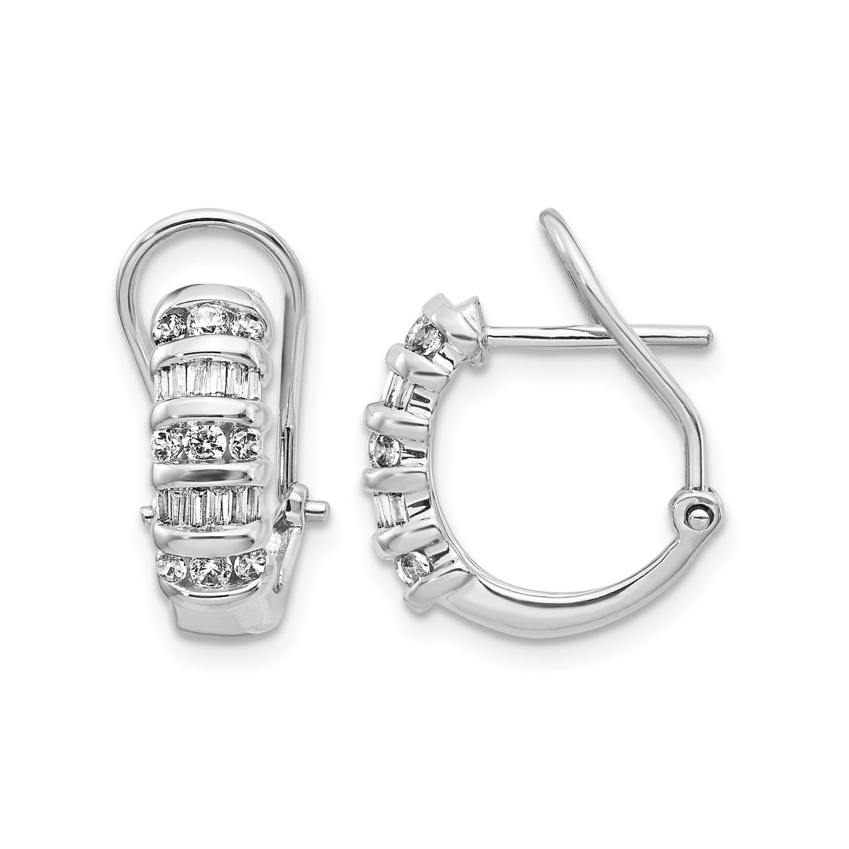 14k White Gold Hoop Earrings with Channel Set Round and Baguette Cubic Zirconia