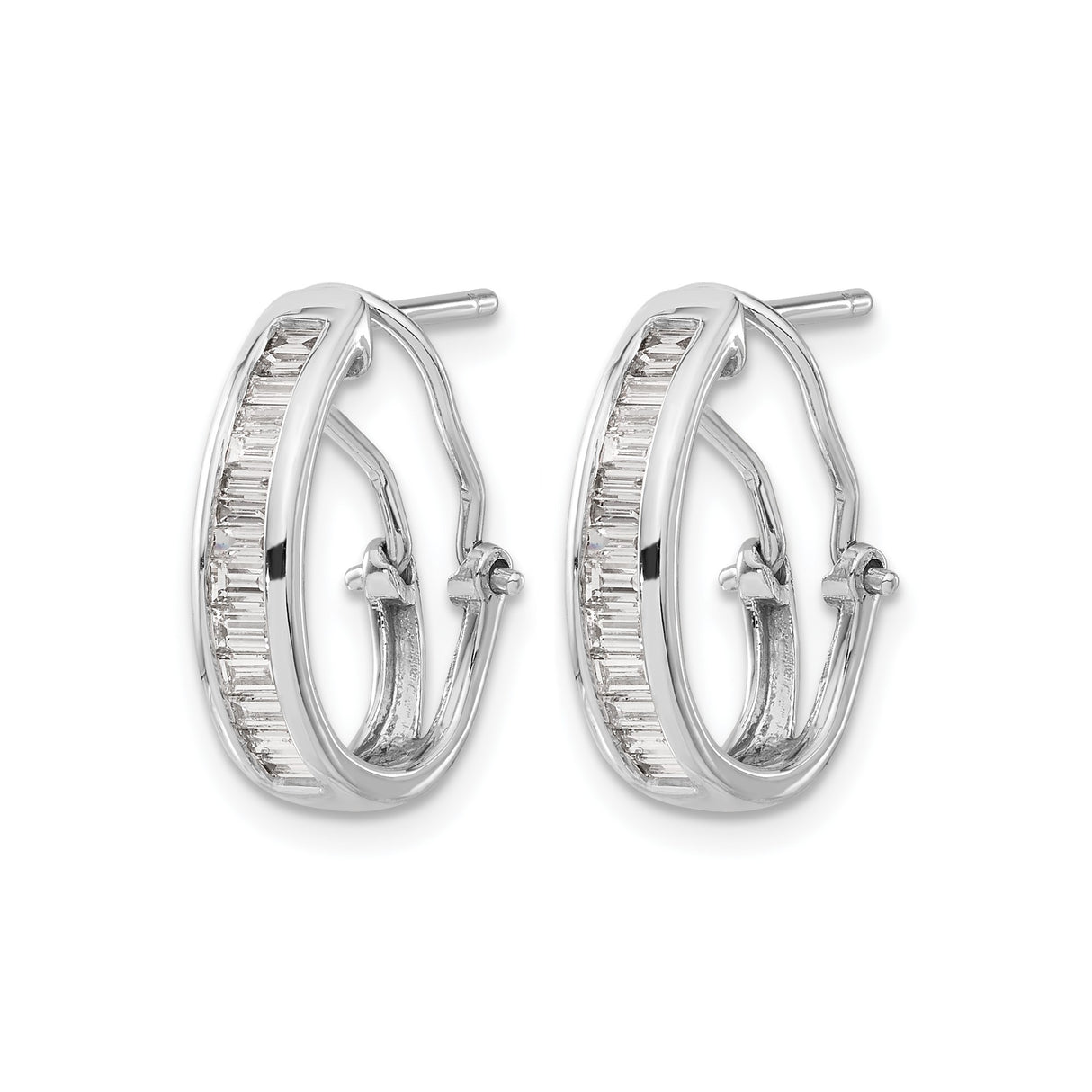 14k White Gold Hoop Earrings with Vertical Baguette Cut Channel Set Diamonds, Huggie Style