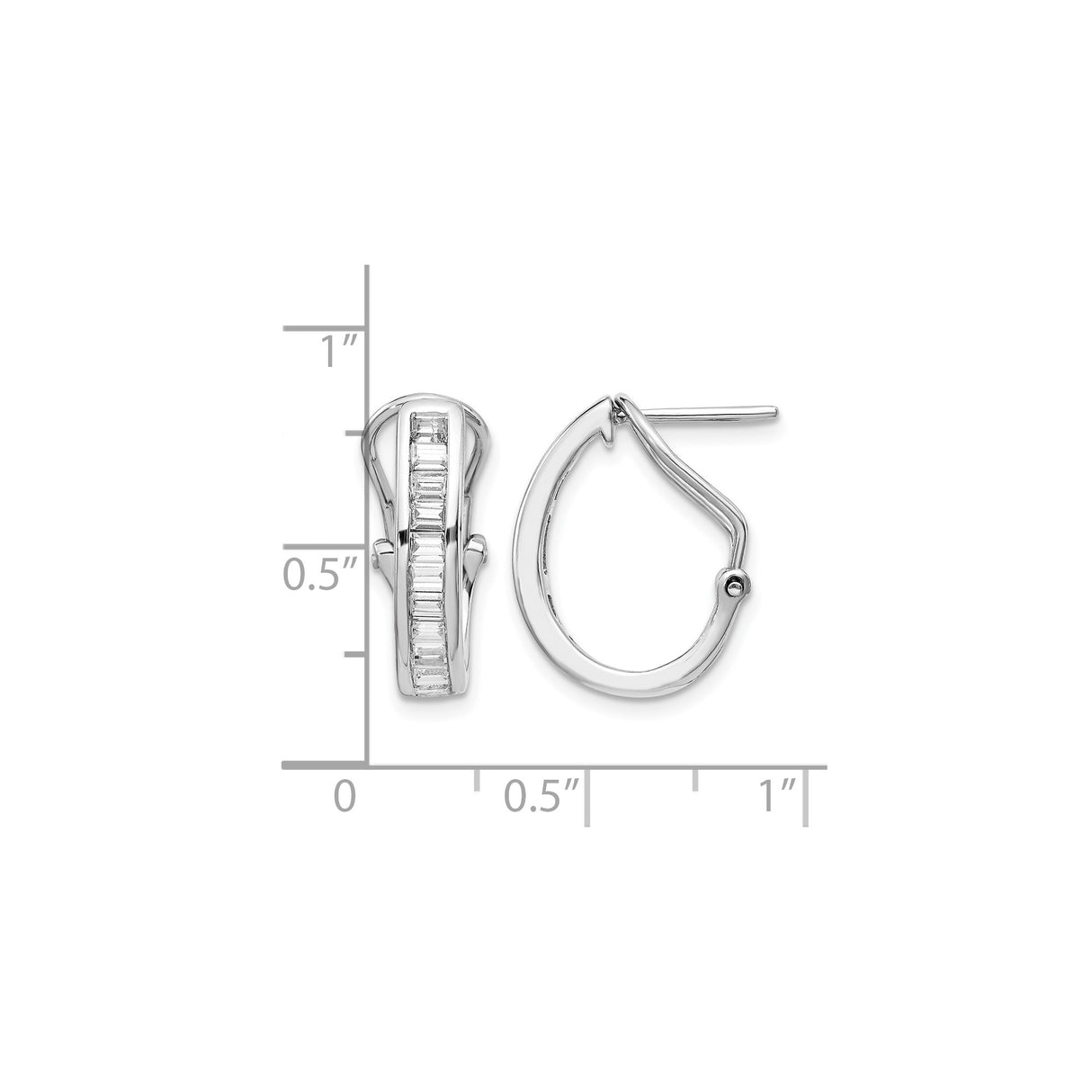 14k White Gold Hoop Earrings with Vertical Baguette Cut Channel Set Diamonds, Huggie Style