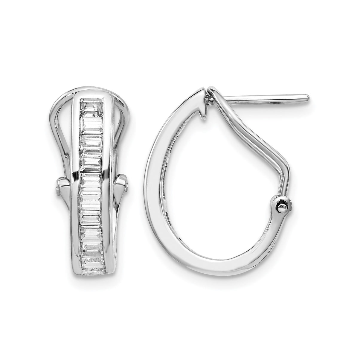 14k White Gold Hoop Earrings with Vertical Baguette Cut Channel Set Diamonds, Huggie Style