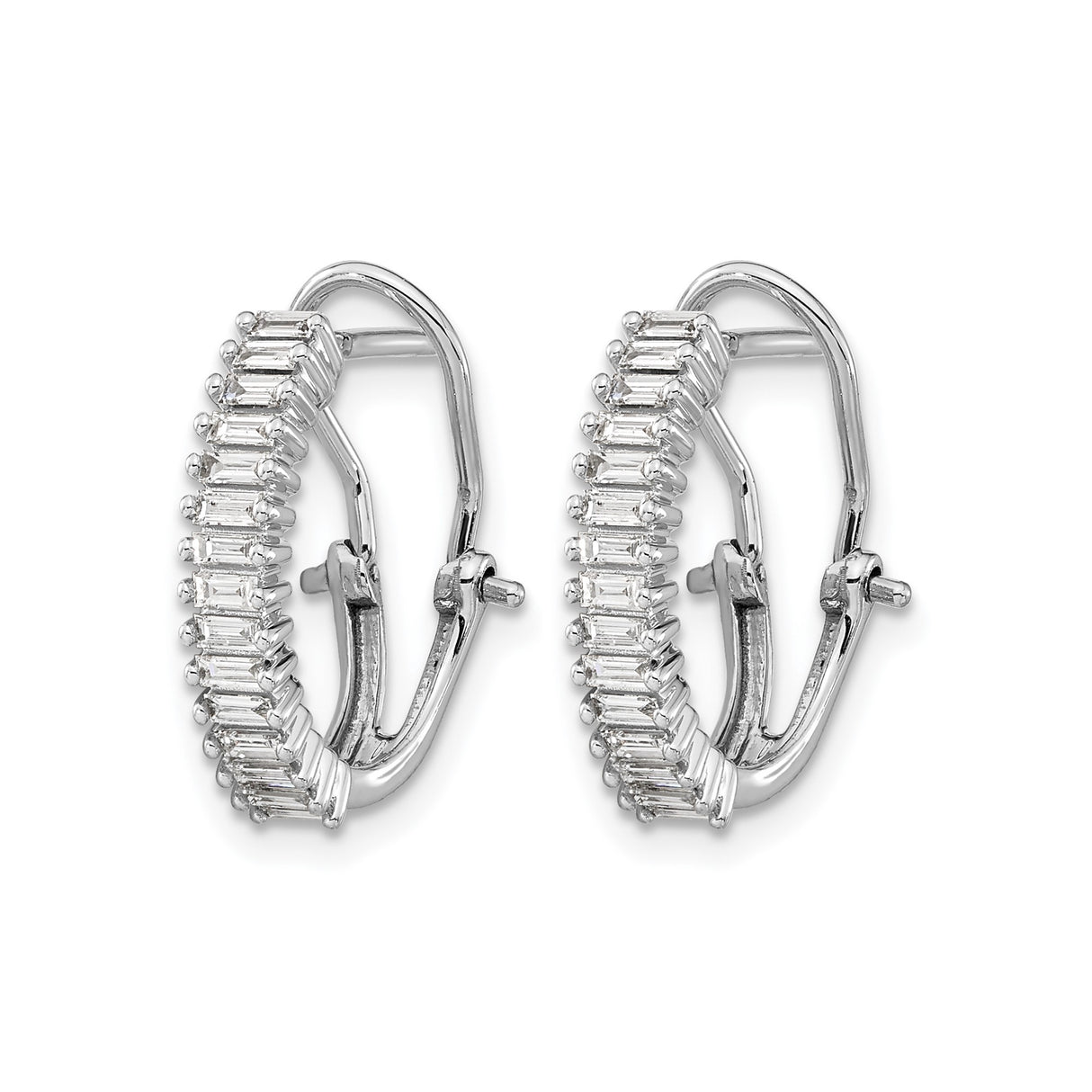 14k White Gold Hoop Earrings with Diamond Baguette Stones, Channel Set, Omega Back