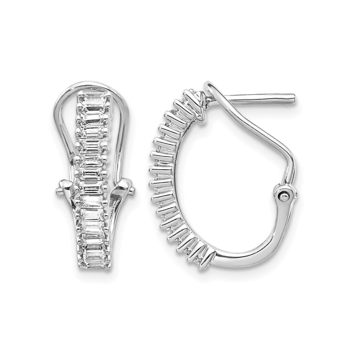 14k White Gold Hoop Earrings with Diamond Baguette Stones, Channel Set, Omega Back