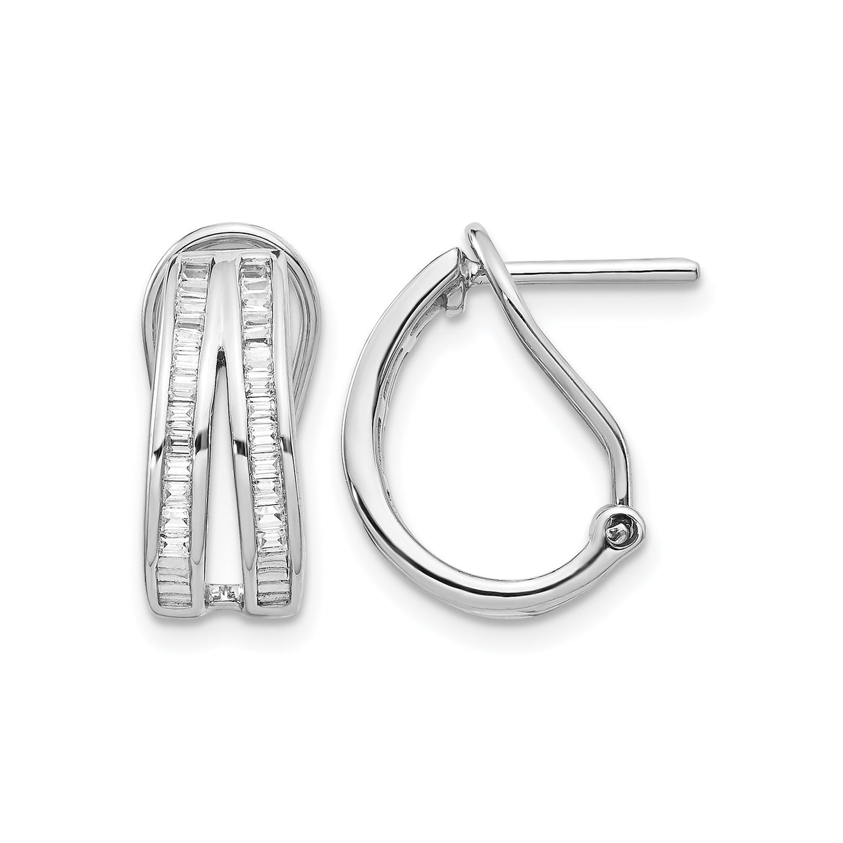 14k White Gold Hoop Earrings with Channel Set Baguette Diamonds, Crossover Style, Omega Back Closure