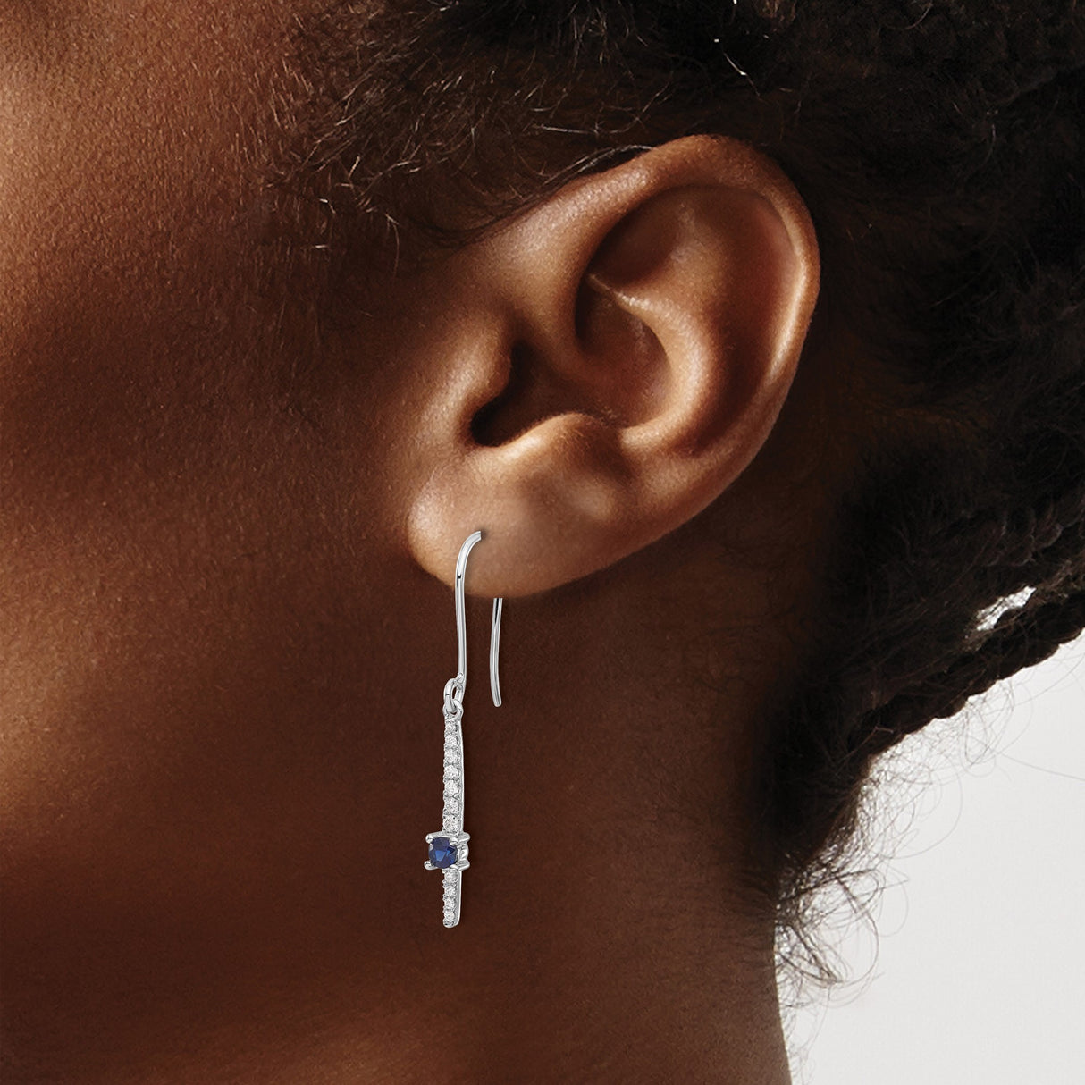 14k White Gold Dangle Earrings with Blue Sapphire and Diamond, Linear Drop Design