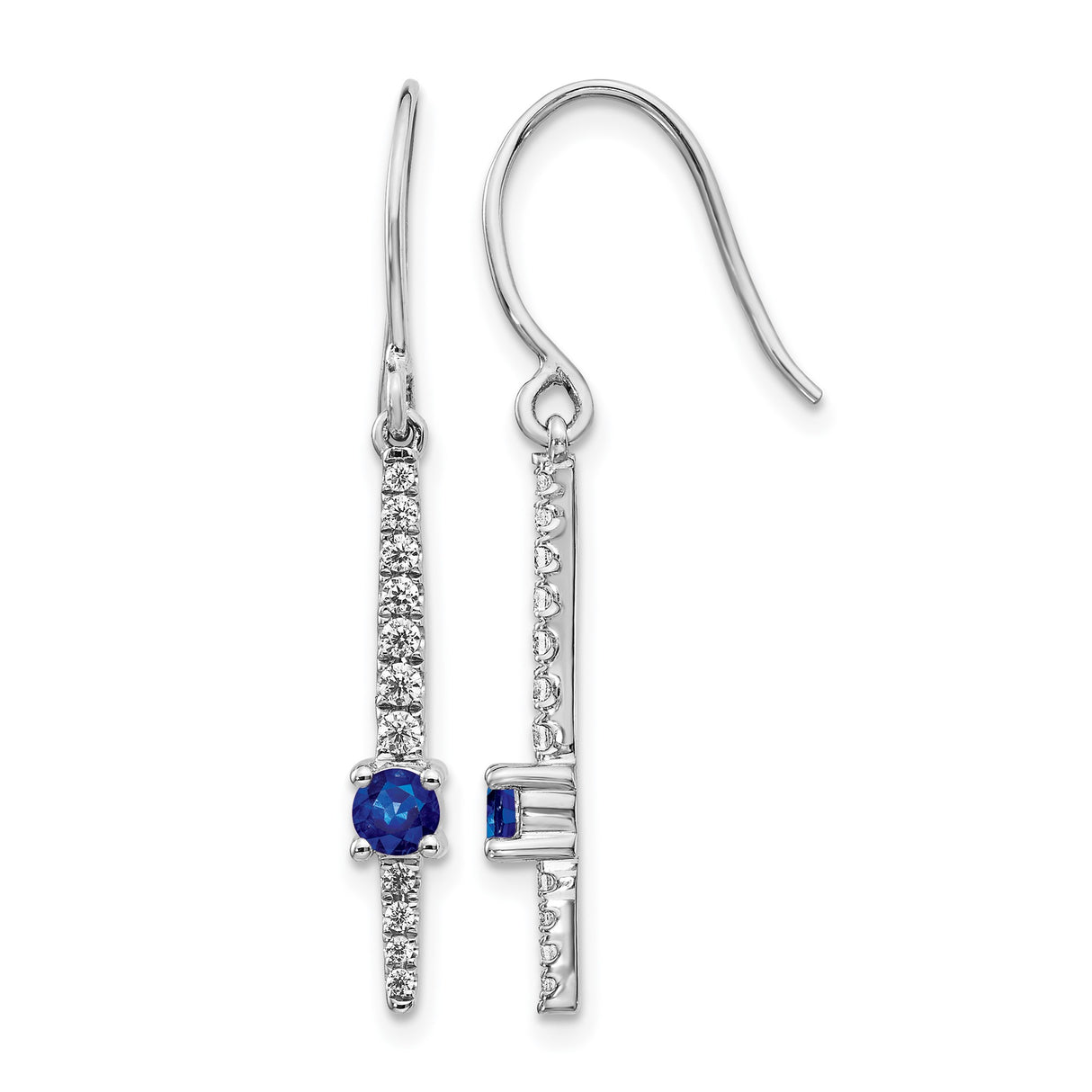 14k White Gold Dangle Earrings with Blue Sapphire and Diamond, Linear Drop Design