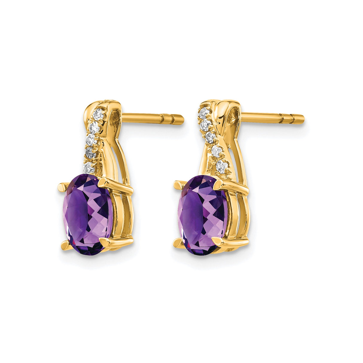 10k Yellow Gold Stud Earrings with Oval Amethyst, Twist Design, Diamonds Accents