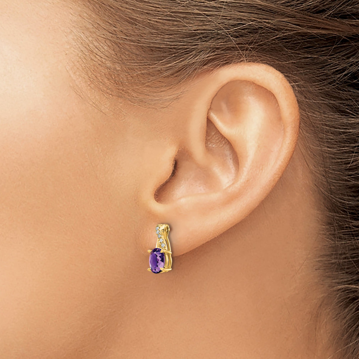 10k Yellow Gold Stud Earrings with Oval Amethyst, Twist Design, Diamonds Accents