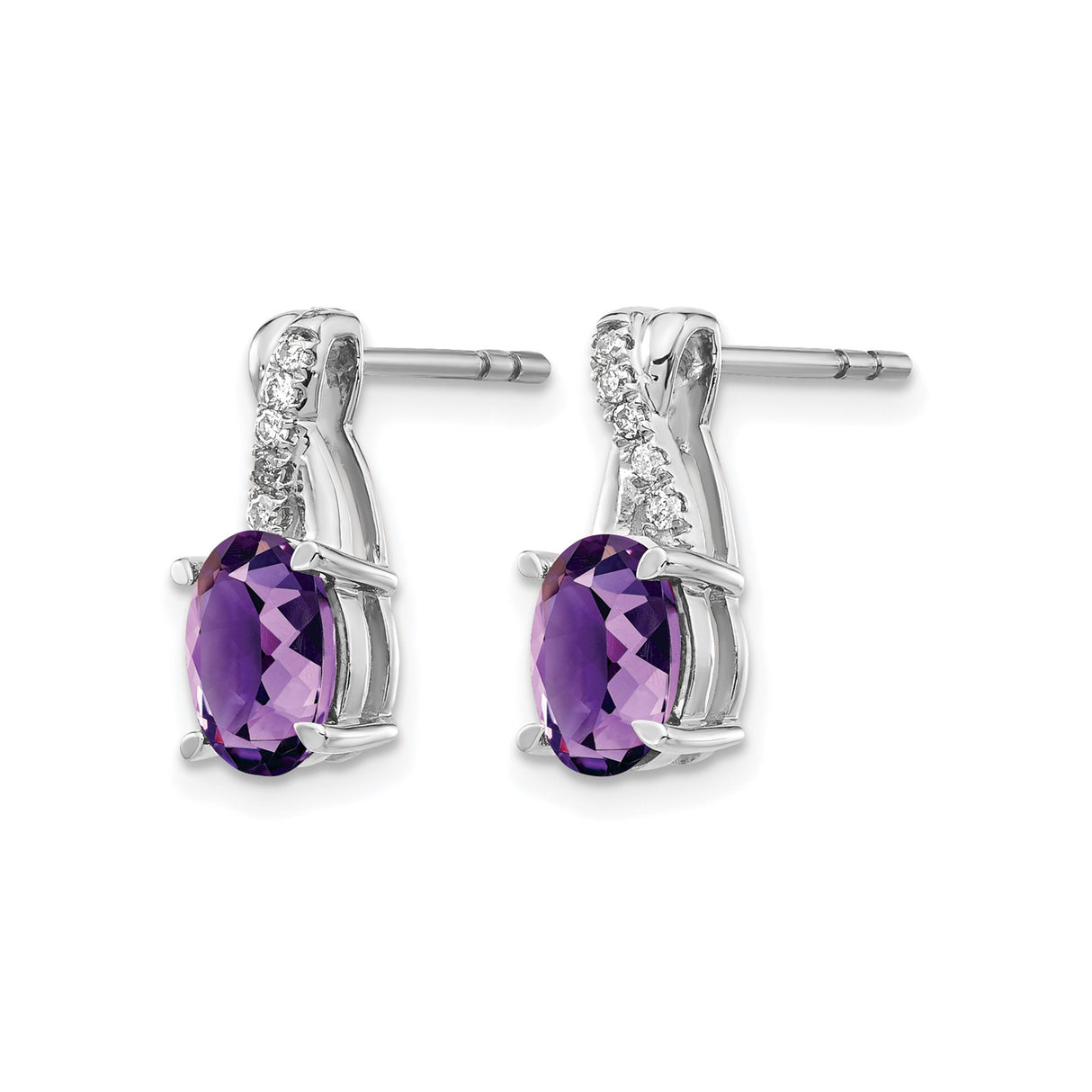 14k White Gold Amethyst and Diamond Stud Earrings, Oval Gemstone, Womens Birthstone Jewelry
