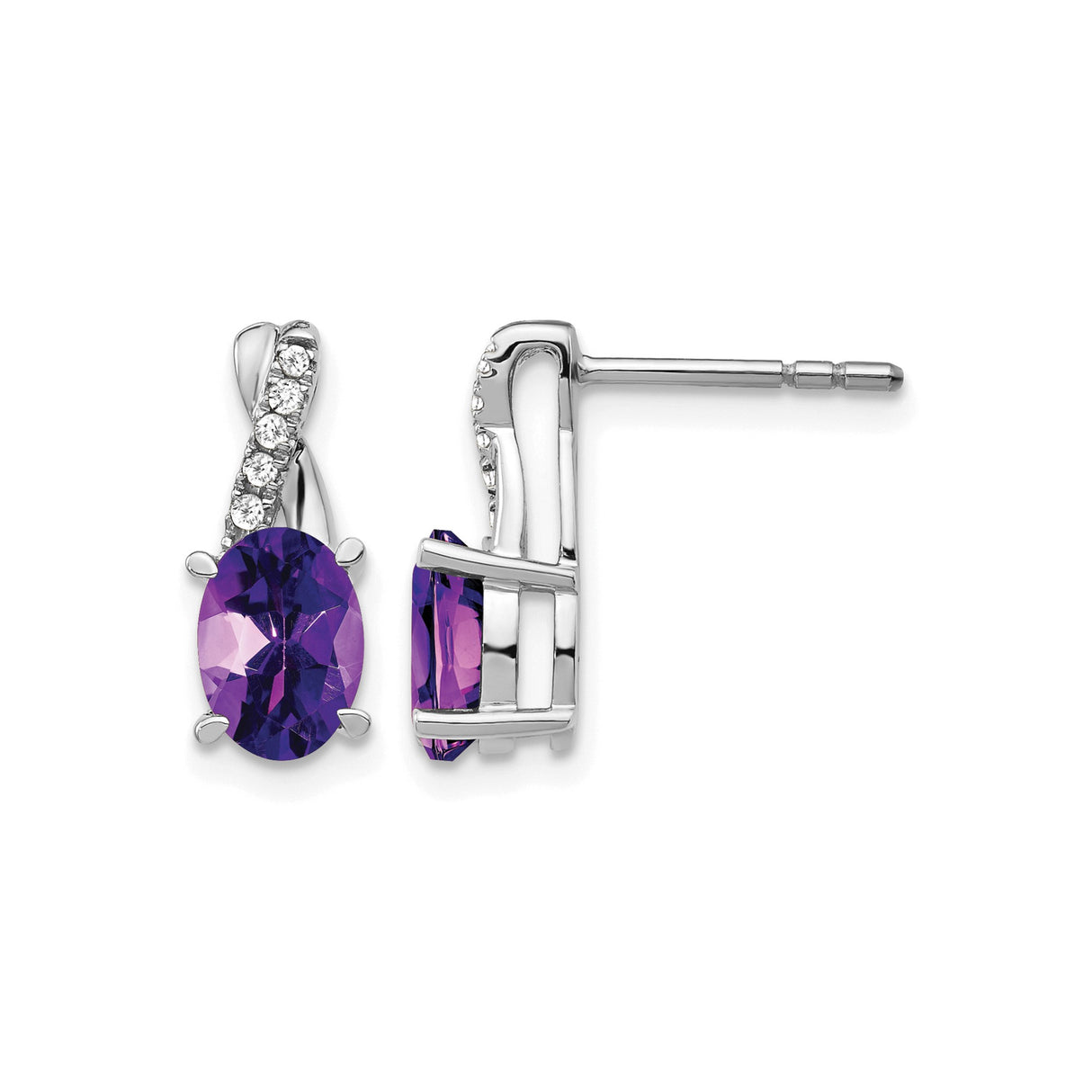 14k White Gold Amethyst and Diamond Stud Earrings, Oval Gemstone, Womens Birthstone Jewelry