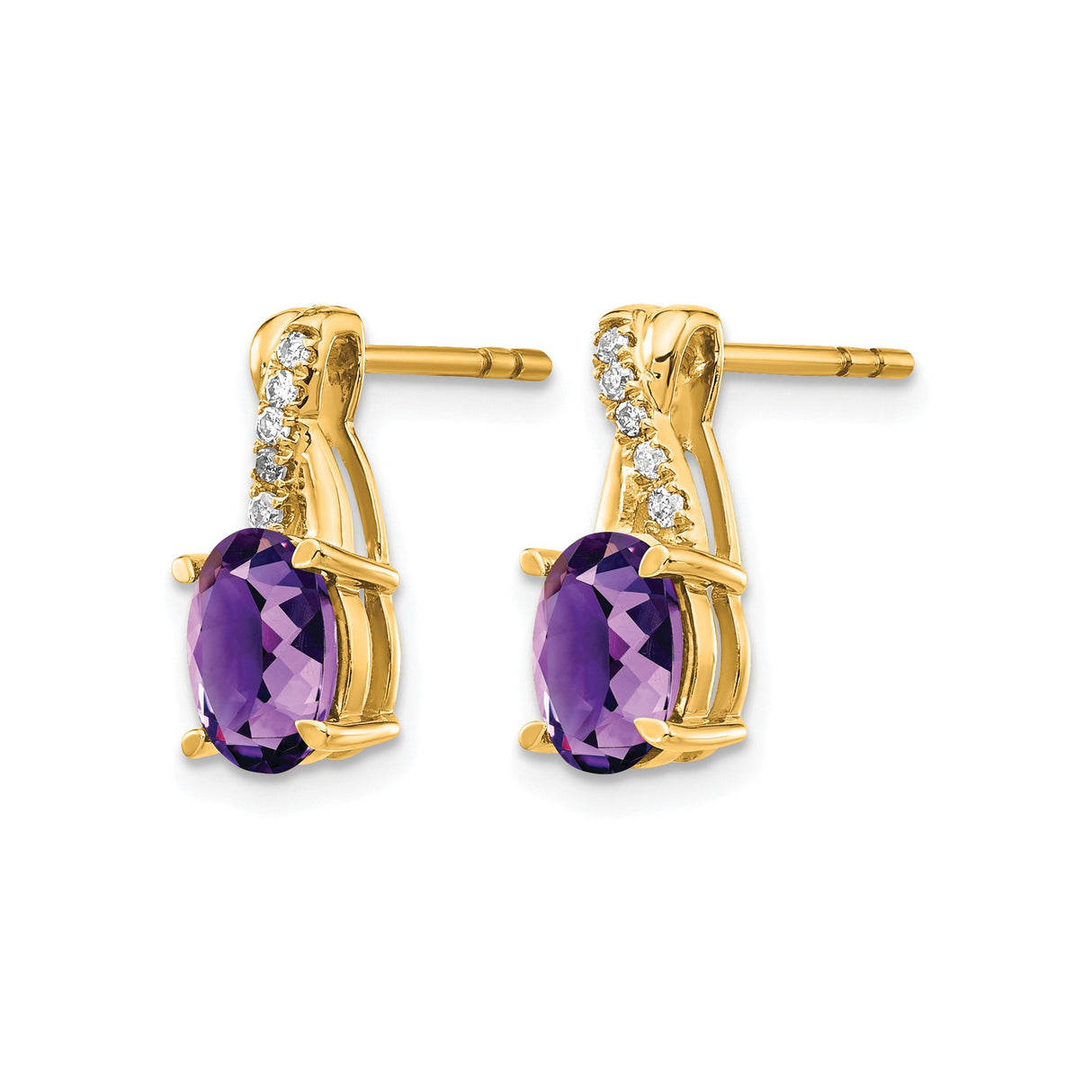 14k Yellow Gold Amethyst Stud Earrings with Curved Diamond Accents, Twist Design