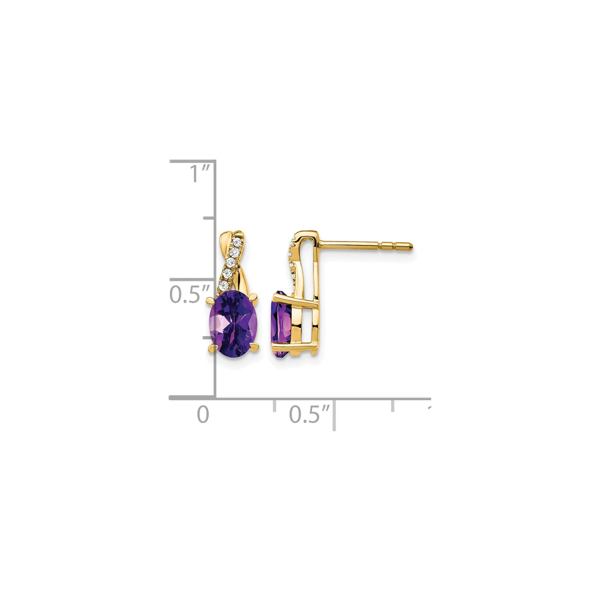 14k Yellow Gold Amethyst Stud Earrings with Curved Diamond Accents, Twist Design