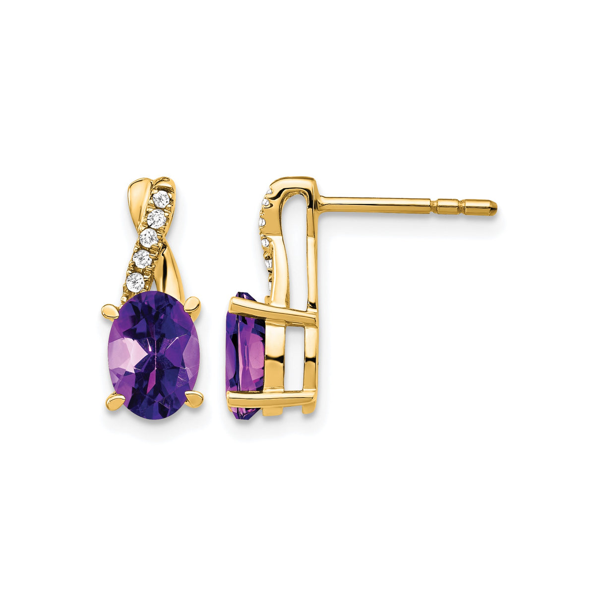 14k Yellow Gold Amethyst Stud Earrings with Curved Diamond Accents, Twist Design