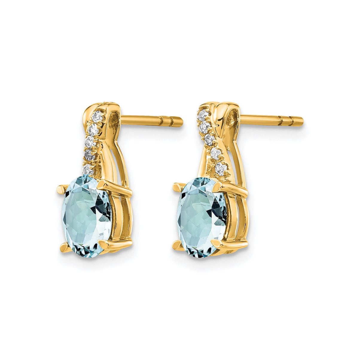 10k Yellow Gold Oval Stud Earrings with Aquamarine, Diamond Accents, Twisted Design