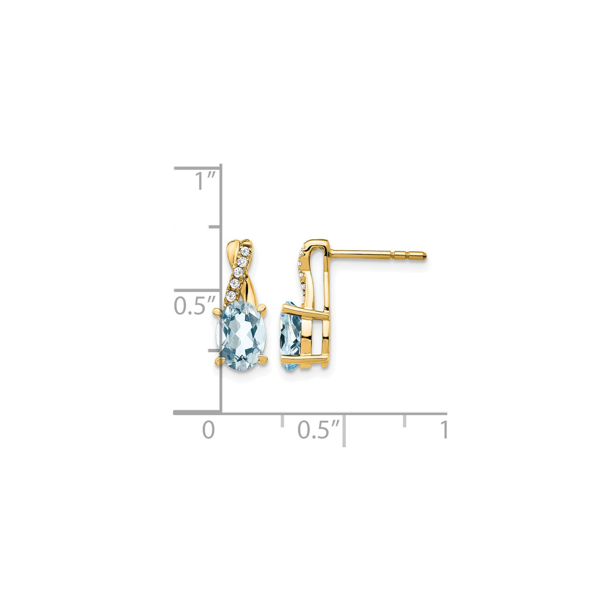 10k Yellow Gold Oval Stud Earrings with Aquamarine, Diamond Accents, Twisted Design