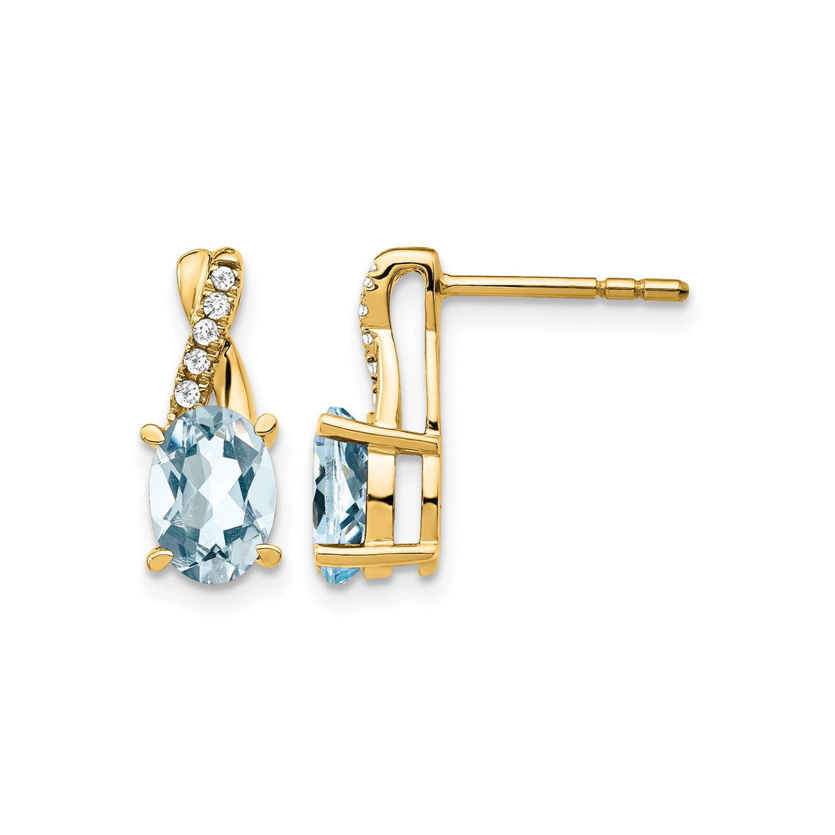10k Yellow Gold Oval Stud Earrings with Aquamarine, Diamond Accents, Twisted Design