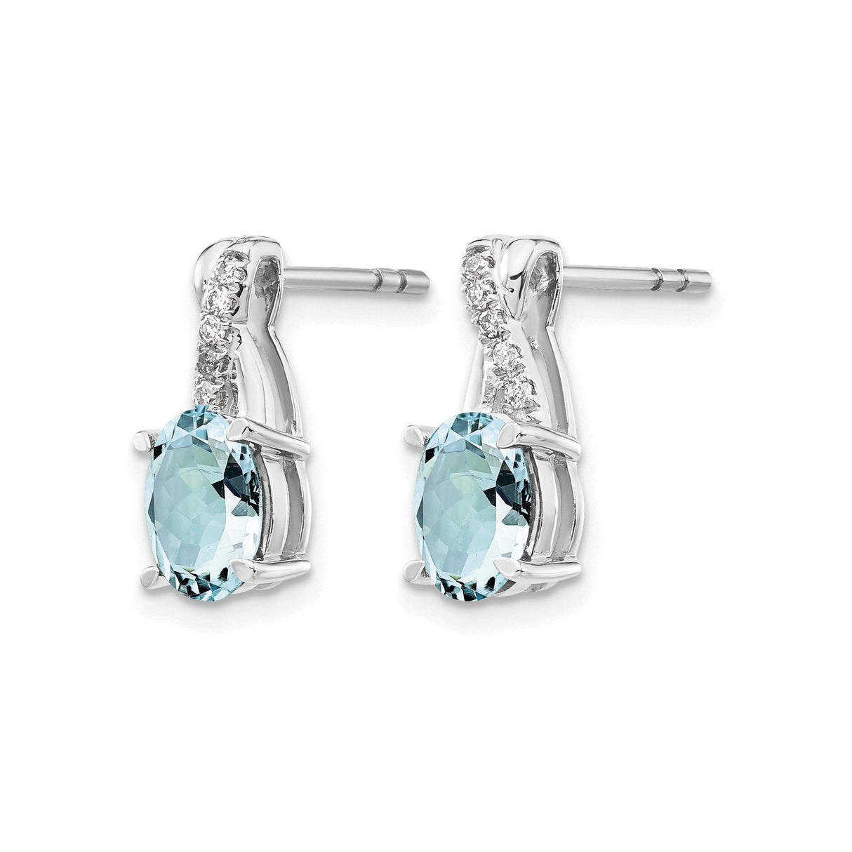 14k White Gold Earrings with Oval Aquamarine and Diamond, Curved Design Studs for Women