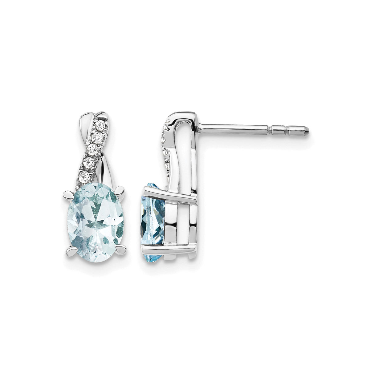14k White Gold Earrings with Oval Aquamarine and Diamond, Curved Design Studs for Women
