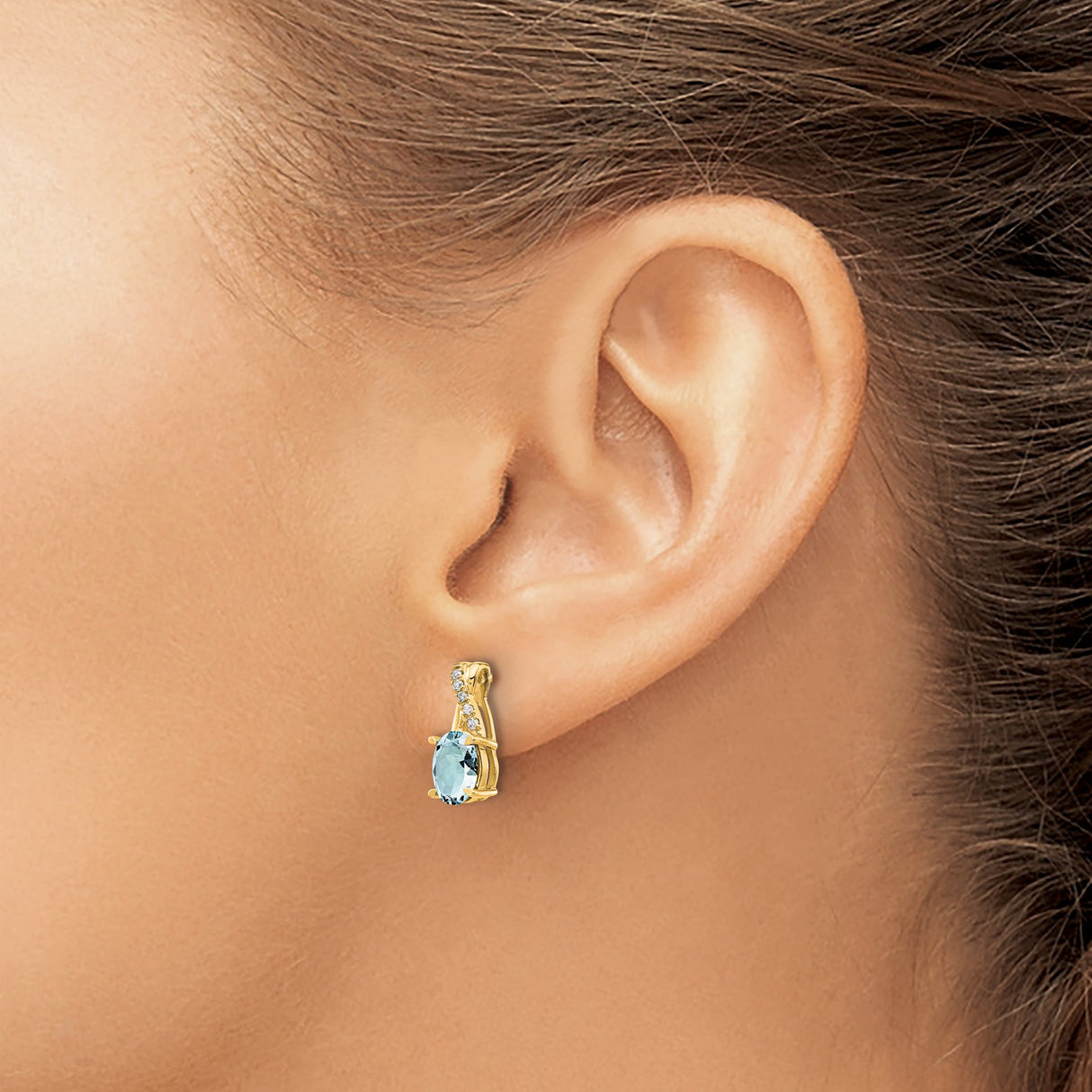 14k Yellow Gold Stud Earrings with Aquamarine and Diamond, Twisted Design for Women
