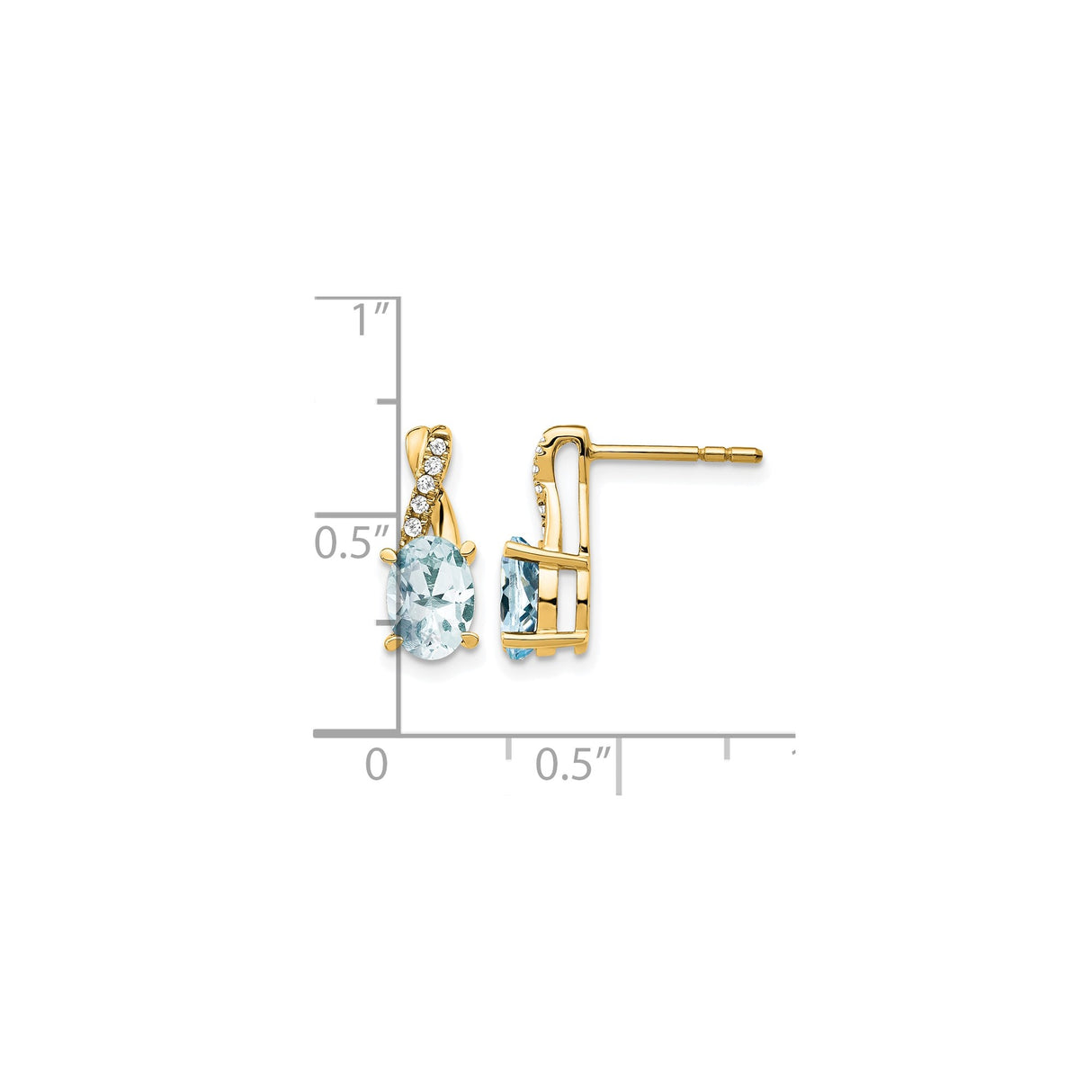 14k Yellow Gold Stud Earrings with Aquamarine and Diamond, Twisted Design for Women