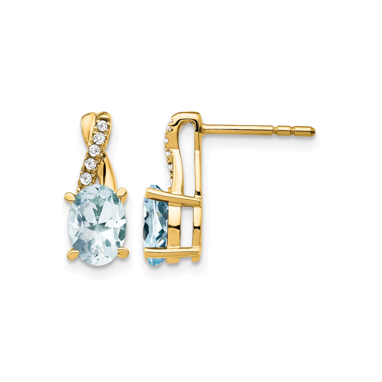 14k Yellow Gold Stud Earrings with Aquamarine and Diamond, Twisted Design for Women