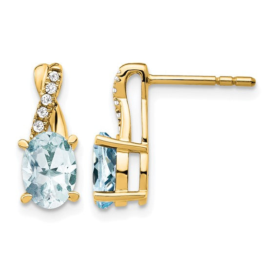 14k Yellow Gold Stud Earrings with Aquamarine and Diamond, Twisted Design for Women