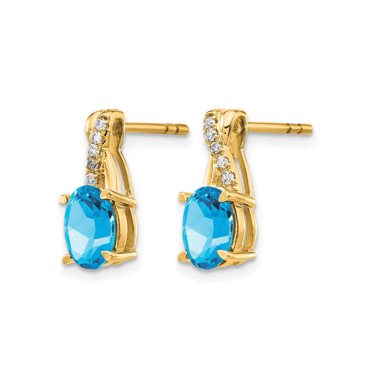 10k Yellow Gold Stud Earrings with Swiss Blue Topaz and Diamond Accents, Ribbon Design